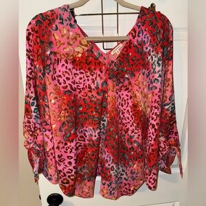 JODIFL Red and Pink Leopard Print V-Neck Blouse